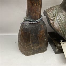 Bronzed bust of Greek man upon a marble base, together with two wooden sculptures 