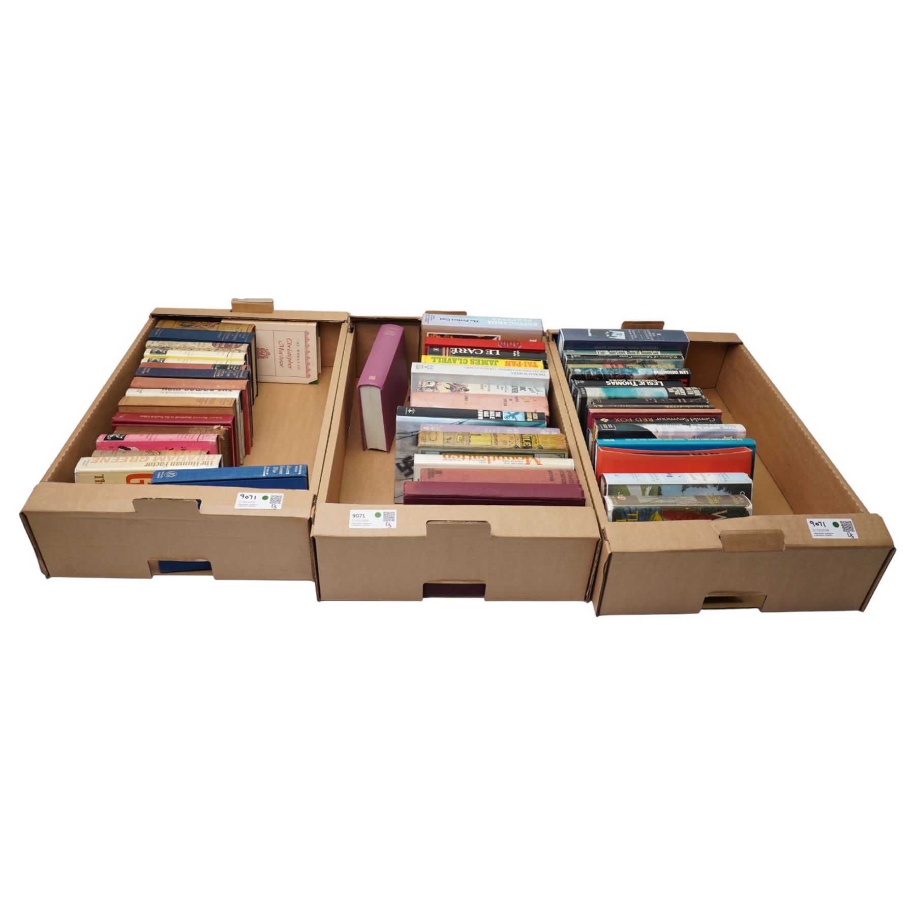 Contemporary fiction , biographies, etc including Greene, Graham - 'The Human Factor' 1978 1st edition, Runcie, James - 'The Shadow of Death' signed 1st edition Wheatley, Dennis - 'The Sultan's Daughter' 1963 1st edition etc in three boxes