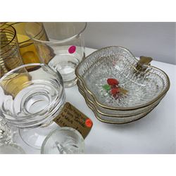 Amber glass lemonade pitcher with four glasses, together with apple shaped bowls and other glassware 
