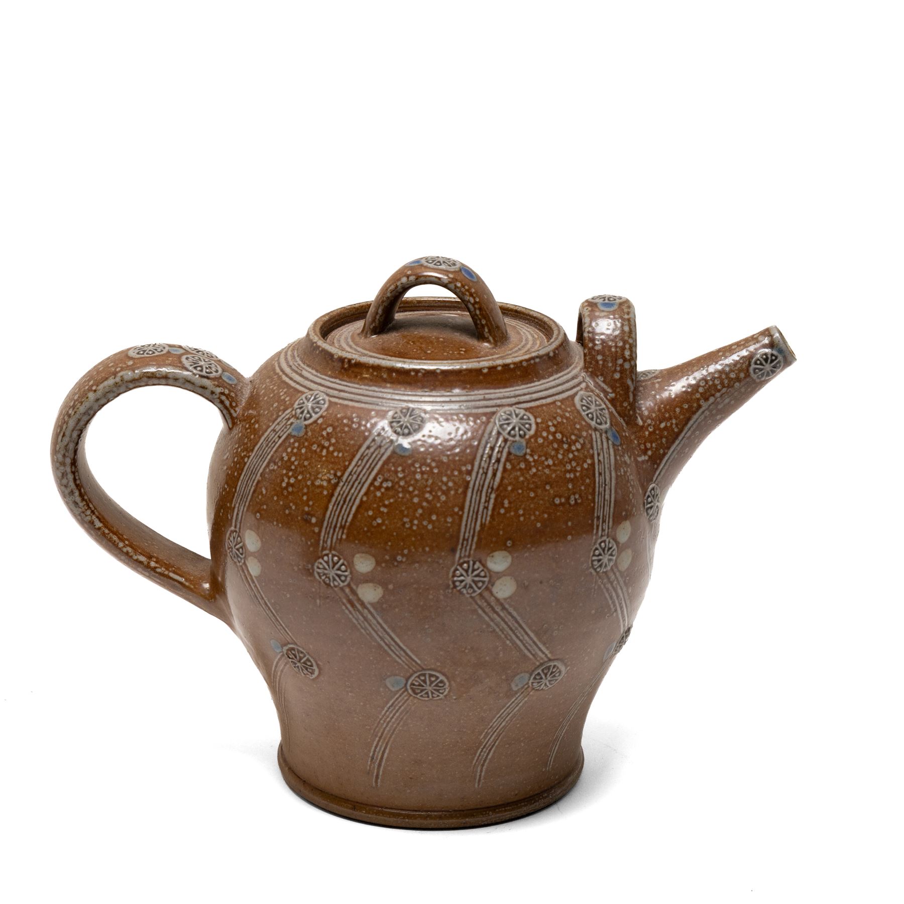 Gus Mableson - two studio pottery teapots, the larger example with a repeating floral pattern upon a brown ground, each with impressed makers marks below the handle, largest H18cm