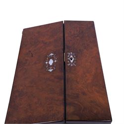 19th century burr-walnut writing slope, with inlaid mother-of-pearl decoration, fitted interior and two inkwells, together with a  parquetry writing slope, H16cm