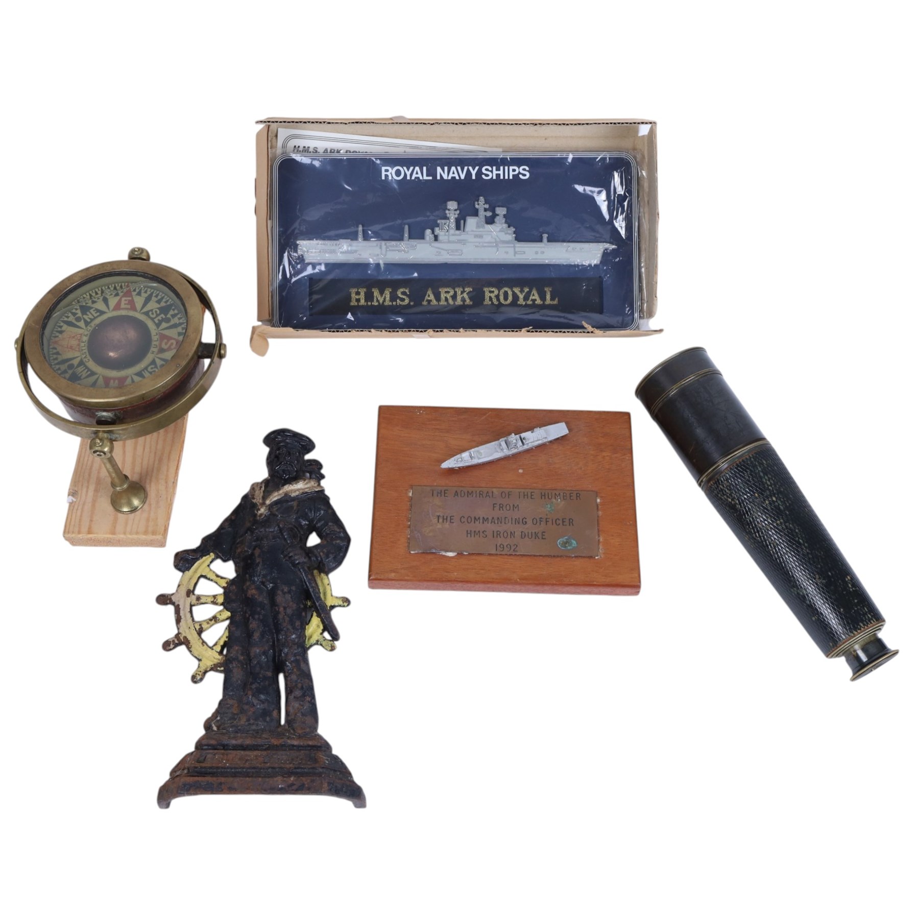 Three-draw telescope by Bailey Birmingham with in-built sun visor, together with a Britains Pride sailor door stop, Castle & Co gimbal compass, HMS Ark Royal plaque and 1992 presentation plaque to the Admiral of the Humber from the HMS Iron Duke