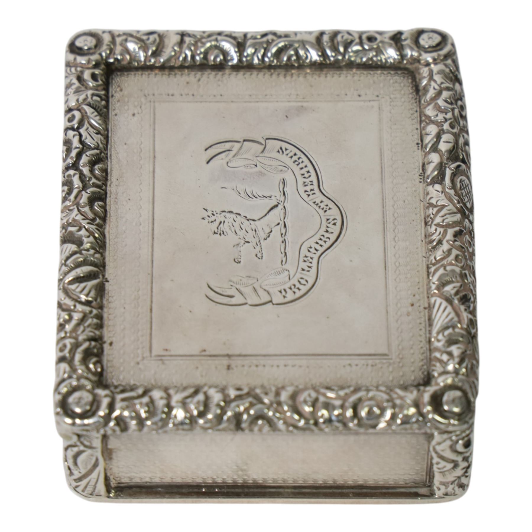 Rare Victorian silver provincial snuff box, of rounded rectangular form, the hinged cover with central engraved crest above motto 