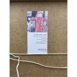 Russell Lumb (British 1946-): 'Ruston' near Scarborough, mixed media semi-abstract map titled signed with monogram and dated '15, artist's address label verso 34cm x 29cm