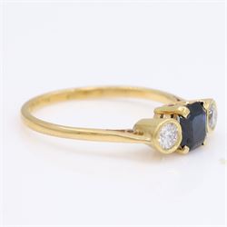 18ct gold sapphire and diamond three stone ring, single octagonal cut sapphire, with a single round brilliant cut diamond set either side, total diamond weight approx 0.25 carat