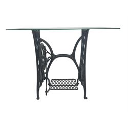 Singer - early 20th century cast iron sewing machine table, with rectangular glass top