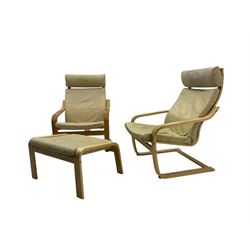 Ikea - pair of 'Poang' cantilever armchairs, upholstered in tan leather; complete with matching footstool (3)