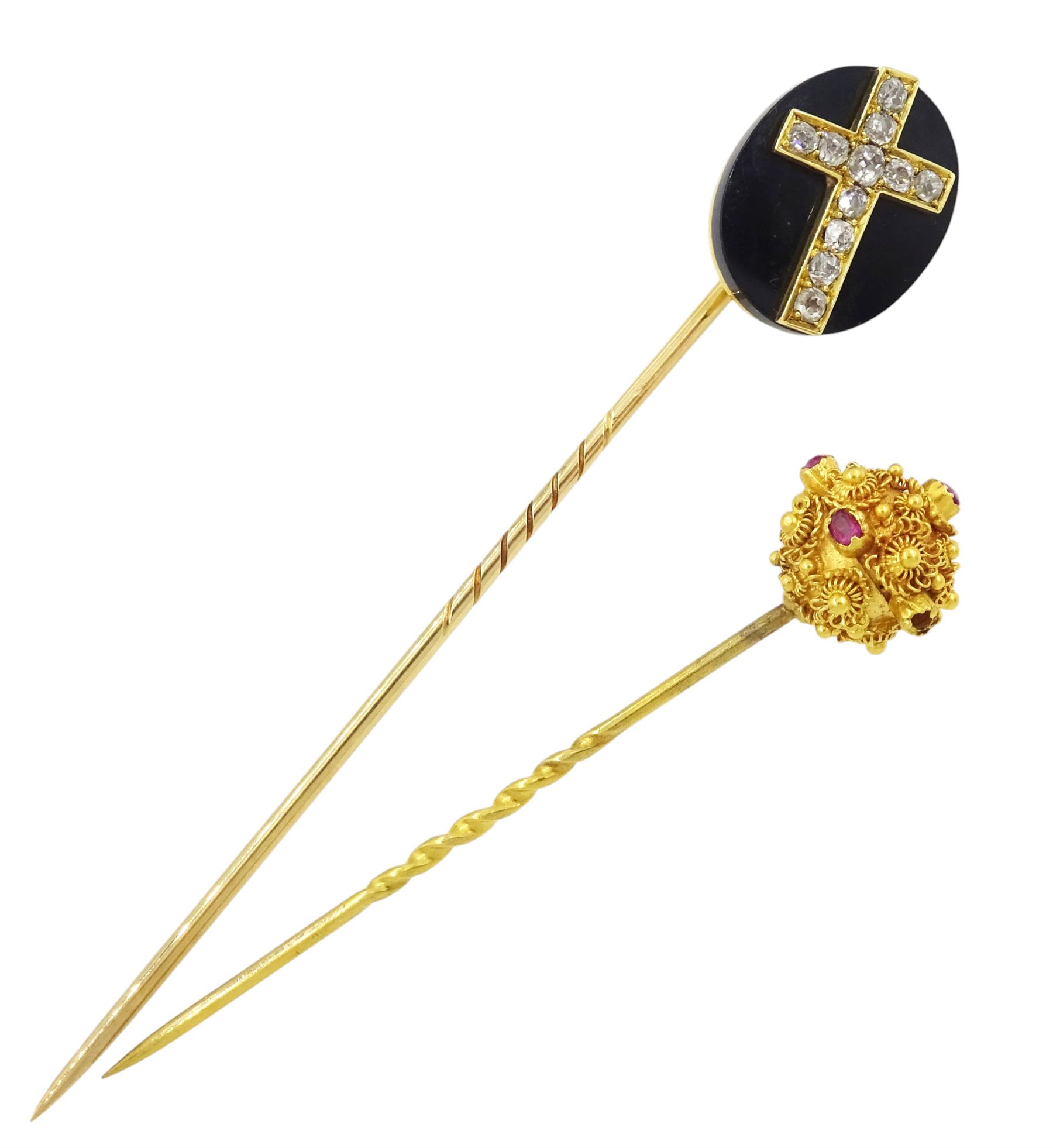 19th century 14ct gold black glass stick pin,with applied gold old cut diamond cross, glazed back with detachable pin and one other gold ruby stick pin with cannetille decoration