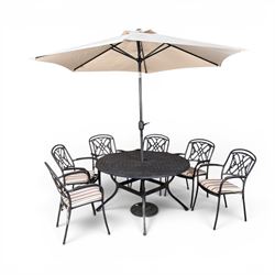 LeisureGrow - cast aluminium circular garden table, lattice design top, black finish; and ...
