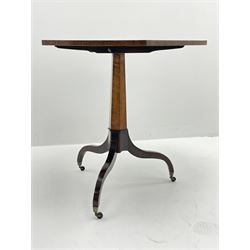 Regency style birdseye maple and rosewood tripod table, hexagonal tilt top with segmented veneer and banding, tapered hexagonal column on three splayed serpentine supports, brass cups and castors 