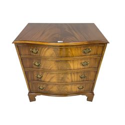 Georgian design mahogany serpentine drawer chest, moulded top over four graduating drawers, on bracket feet