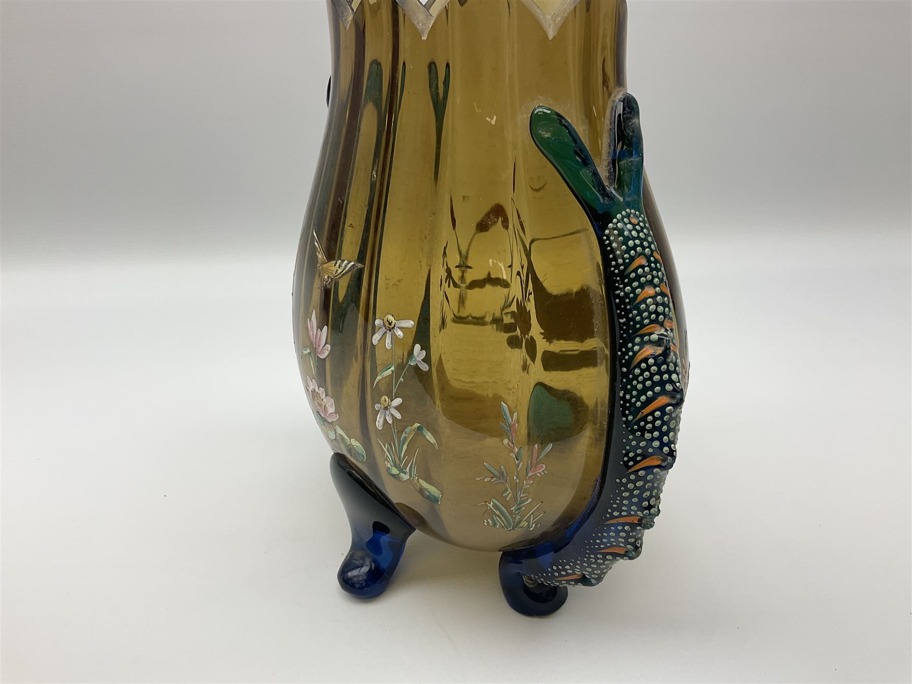 Pair of 19th century glass vases in the style of Auguste Jean, of bulbous form with lobed rim and applied blue glass zoomorphic handles, painted with enamel flowers, dragonflies and swans, upon four blue glass feet, H26cm