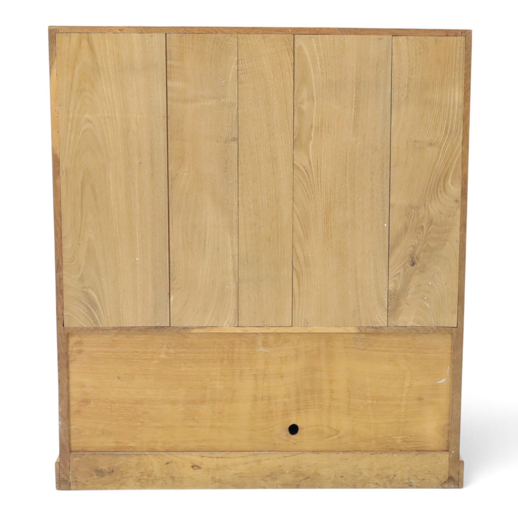Lizardman - adzed oak media cabinet, adzed rectangular top above twin doors enclosing a shelved interior, above a fall front drawer, Yorkshire Rose carved handles, raised on castors, with carved lizard signature, by Derek Slater of Crayke  