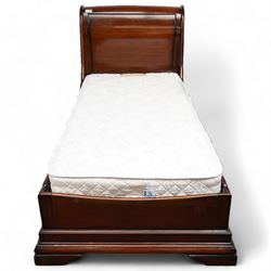 Barker & Stonehouse - mahogany 3' sleigh bed with mattress, scrolled panelled headboard, lower moulded edge on bracket feet