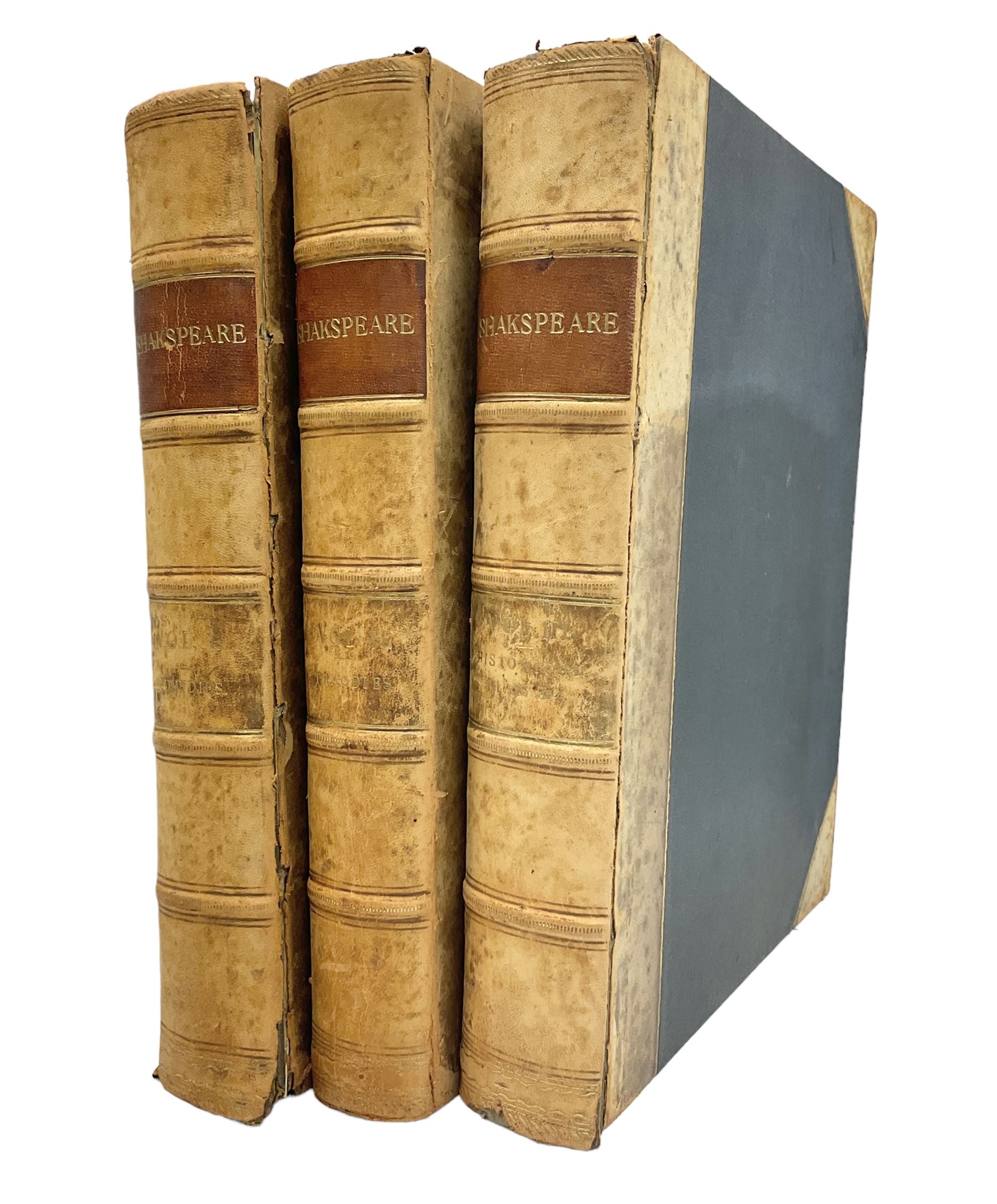 The Library Shakspeare Illustrated by Sir John Gilbert, George Cruikshank and R. Dudley with laid-in colour plates, three volumes, uniformly bound in half leather with a.e.g.