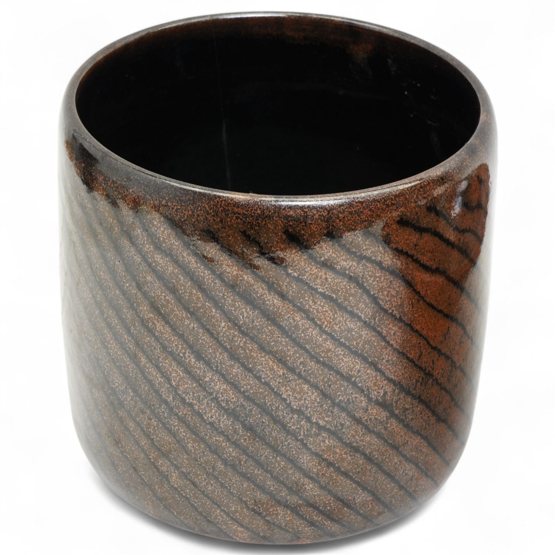 Andrew Crouch (British 1955); large studio pottery bowl and similarly patterned planter, in shades of black and brown, planter H22cm bowl D37c m (2)