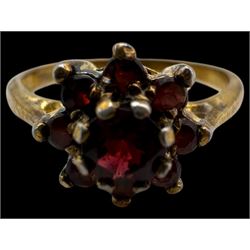 Two gold paste stone set full eternity rings and two gold cluster rings, all 9ct