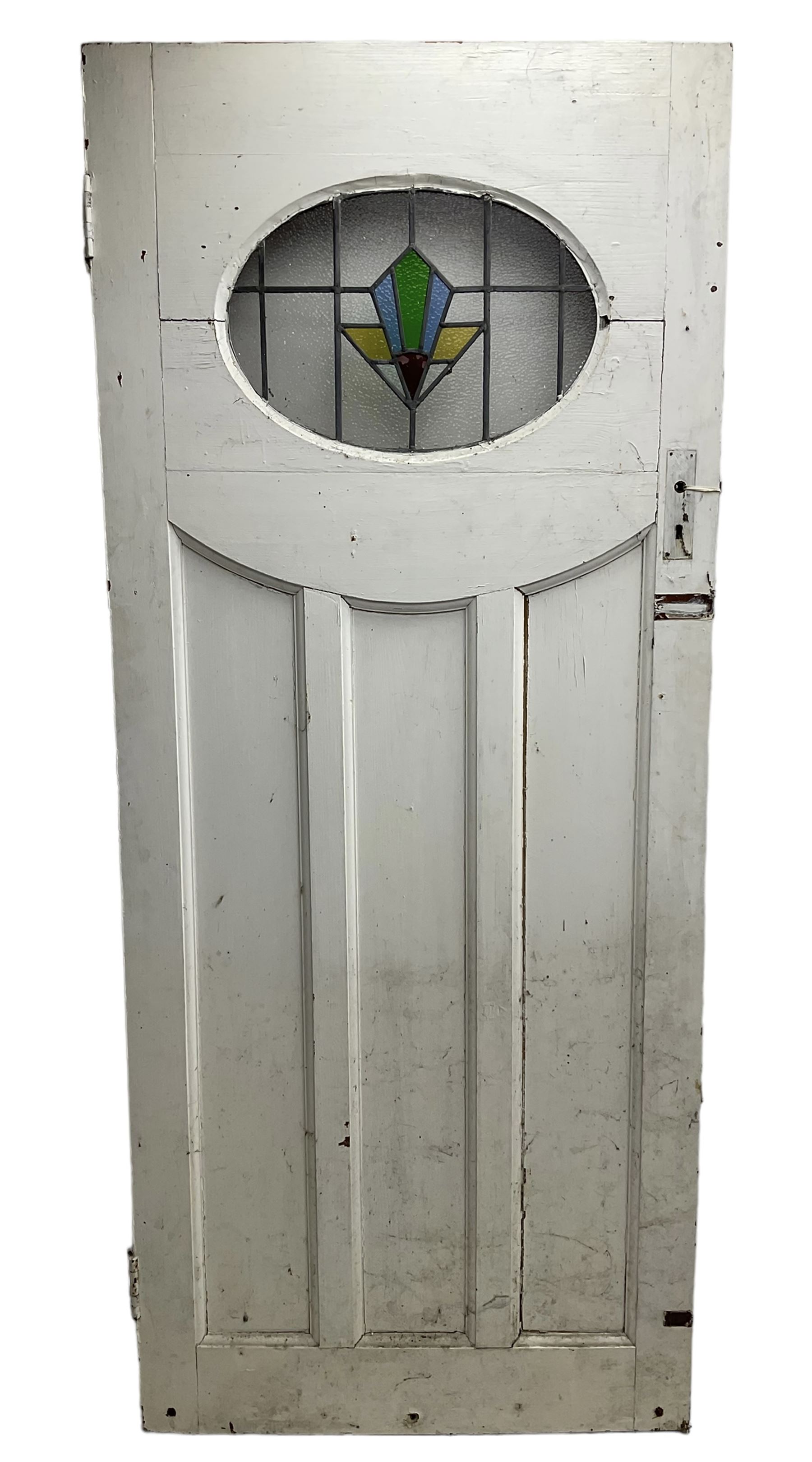 1930s external door with stained leaded glass panel (86cm x 203cm), six small stained glass windows in wooden frames (W52cm); and various loose stained leaded glass panels