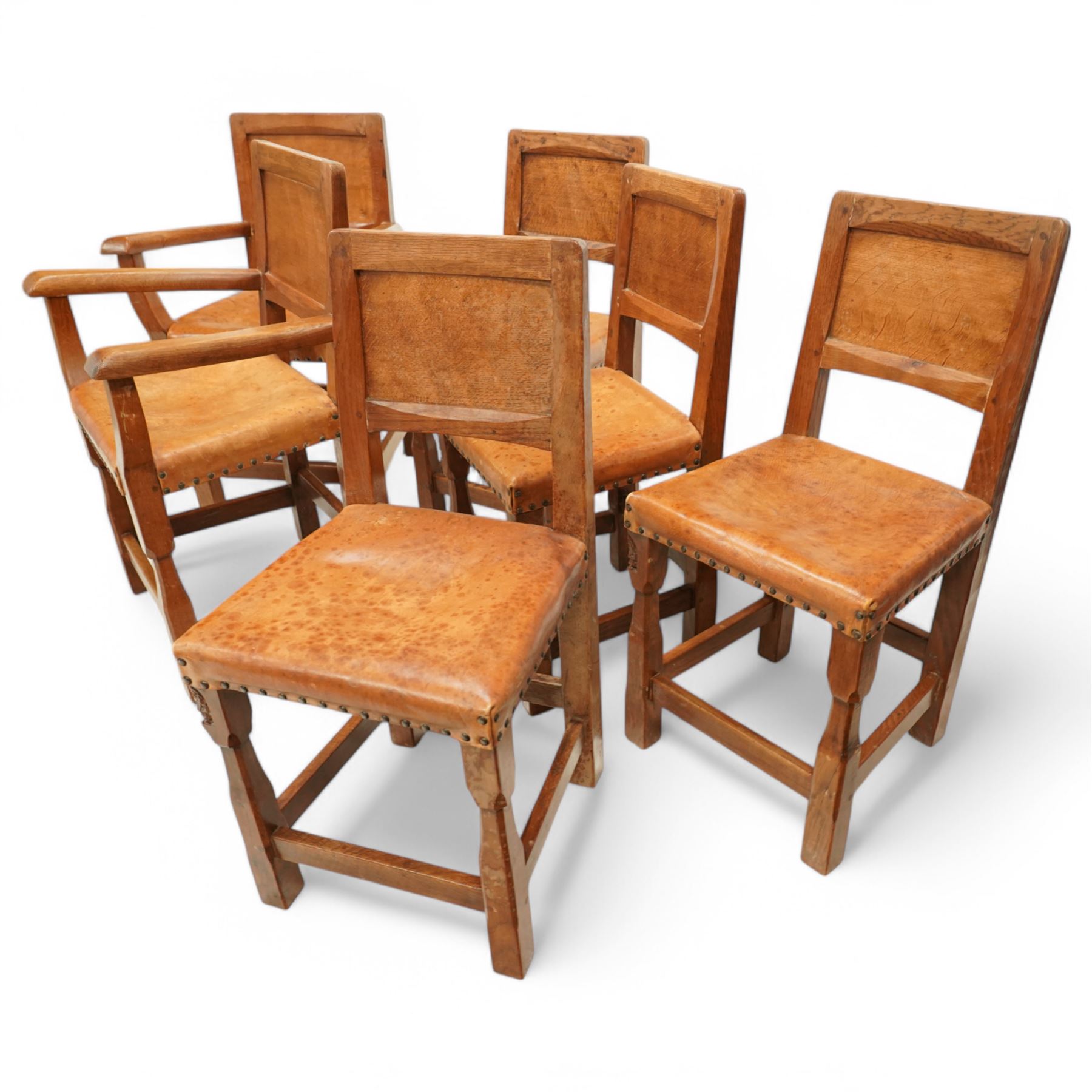 Gnomeman - set of six (4+2) oak dining chairs with panelled backs, by Thomas Whittaker, Littlebeck, Whitby