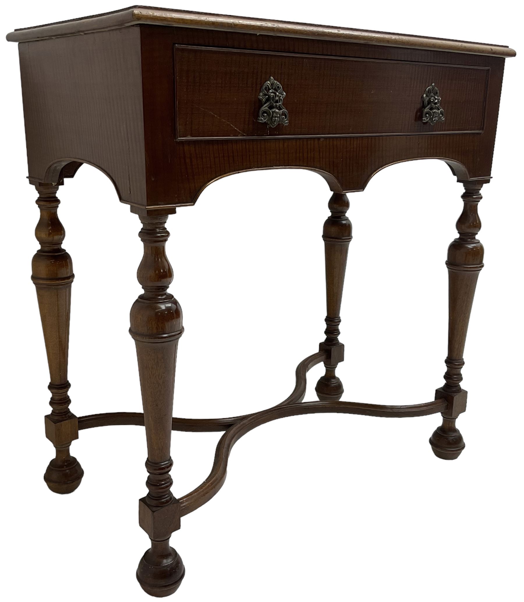 Georgian design mahogany lowboy, fitted with single cock-beaded drawer over double-arched apron, raised on turned supports united by shaped X-stretcher