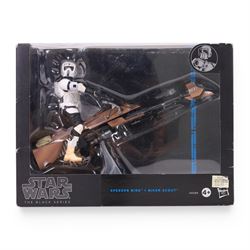 Four Star Wars Black Series figures, comprising Obi Wan Kenobi, First Order Storm Trooper, Speeder Bike Biker Scout and Imperial Shadow Squadron, all boxed
