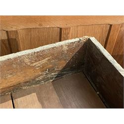 18th century oak dresser base, moulded rectangular top over two drawers and shaped apron, moulded drawer fronts fitted with shaped brass handle plates and swan neck handles, on chamfered square supports united by pot board base 