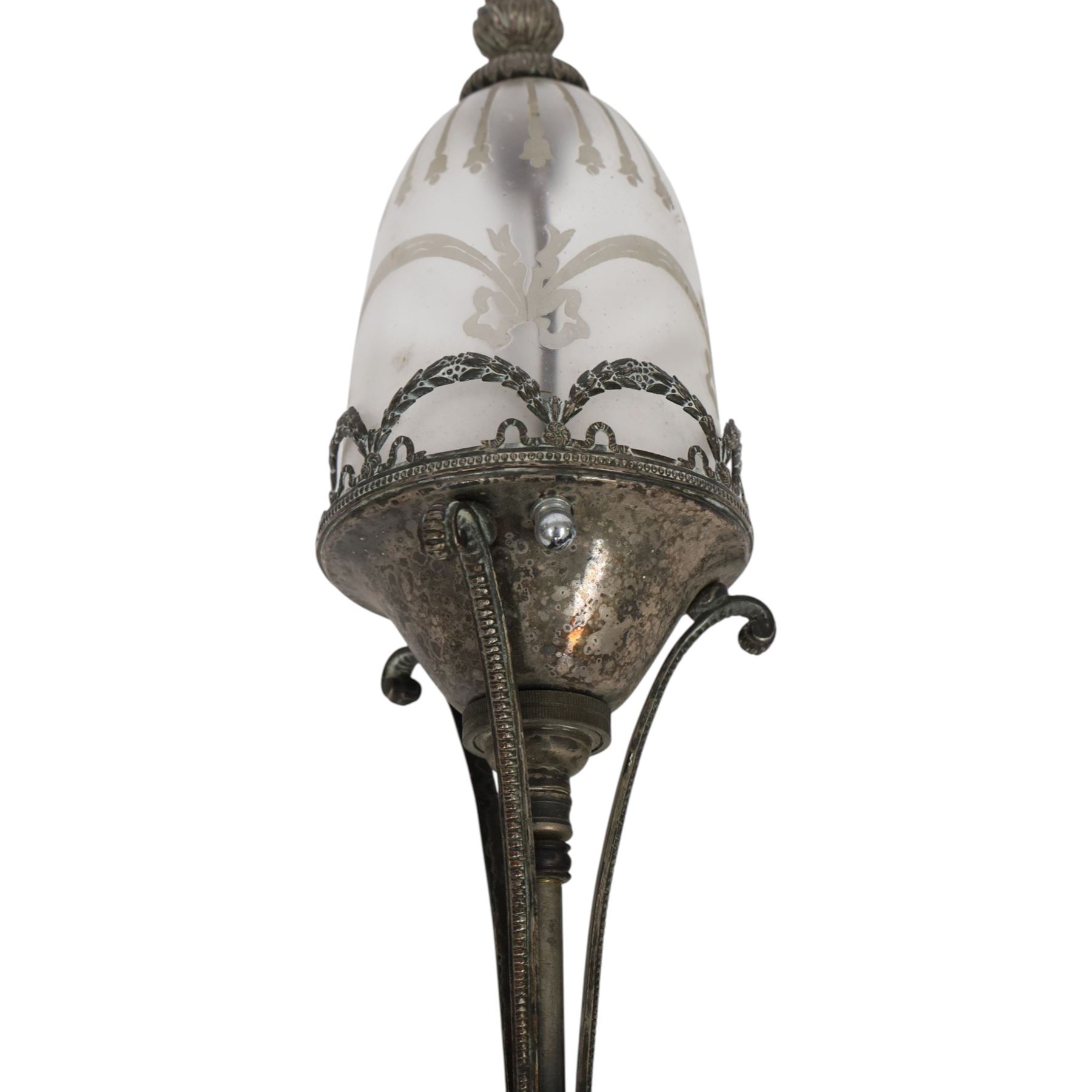 Silvered ceiling light with etched drop shade together with oil lamp with clear glass reservoir, ceiling lamp H38cm