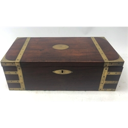  19th century Officers mahogany brass bound campaign writing box, fitted interior with four concealed drawers and side drawer, recessed carry handles, W51cm, H17cm, D26cm MAO0107  