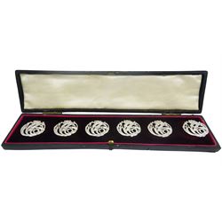 Set of six Art Nouveau silver buttons, of foliate pierced design, hallmarked James Deakin & Sons, Chester 1901, contained within a velvet and silk lined case