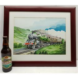 Stuart Rowell Hudson (Whitby Contemporary): NYMR Standard 4 Tank Engine 80135 with Pullman carriages, watercolour signed with initials 29cm x 41cm
Notes: This painting was used as the artwork for Cropton Brewery (now The Great Yorkshire Brewery)'s 'Pullman Pint' beer label; sold together with a display beer bottle (please note, contains water not beer). (2)