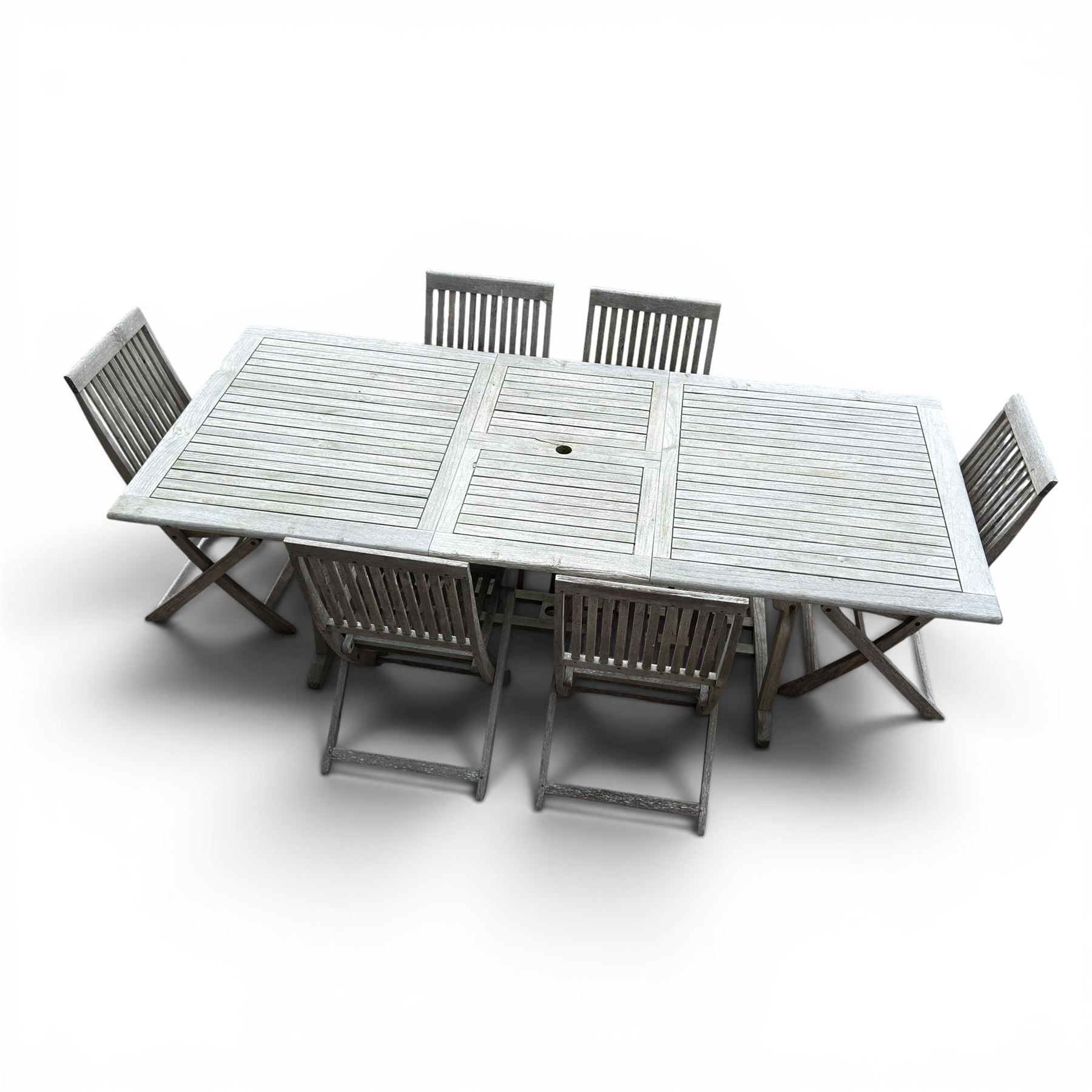 Teak garden table and 6 folding chairs in a grey finish