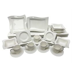 Villeroy & Boch New Wave pattern dinner and tea service for five people, comprising square dinner plates, rectangular dinner plates, pasta bowls, cereal bowls, coffee cups and saucers, side plates and dessert plates, all with printed mark beneath