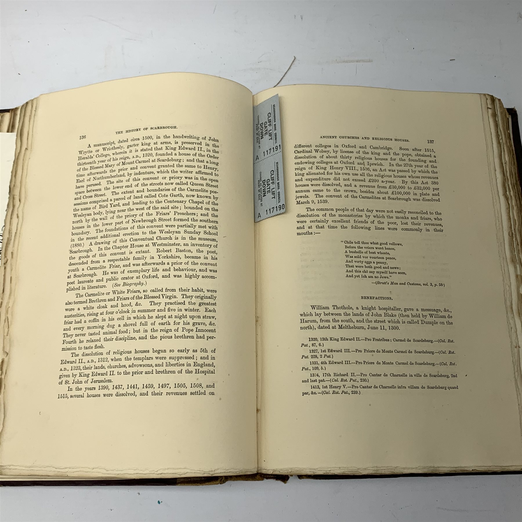  Brogden Baker Joseph : History of Scarborough from the Earliest Date 1882. Limited large paper edition No.24/100, black/white illustrations with fold out, inscribed 'Presented by the Author' 1vol  