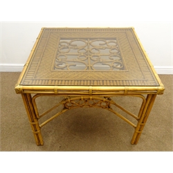  Cane and bamboo glass top conservatory table (W101cm, H75cm, D101cm) and four chairs (W63cm)  