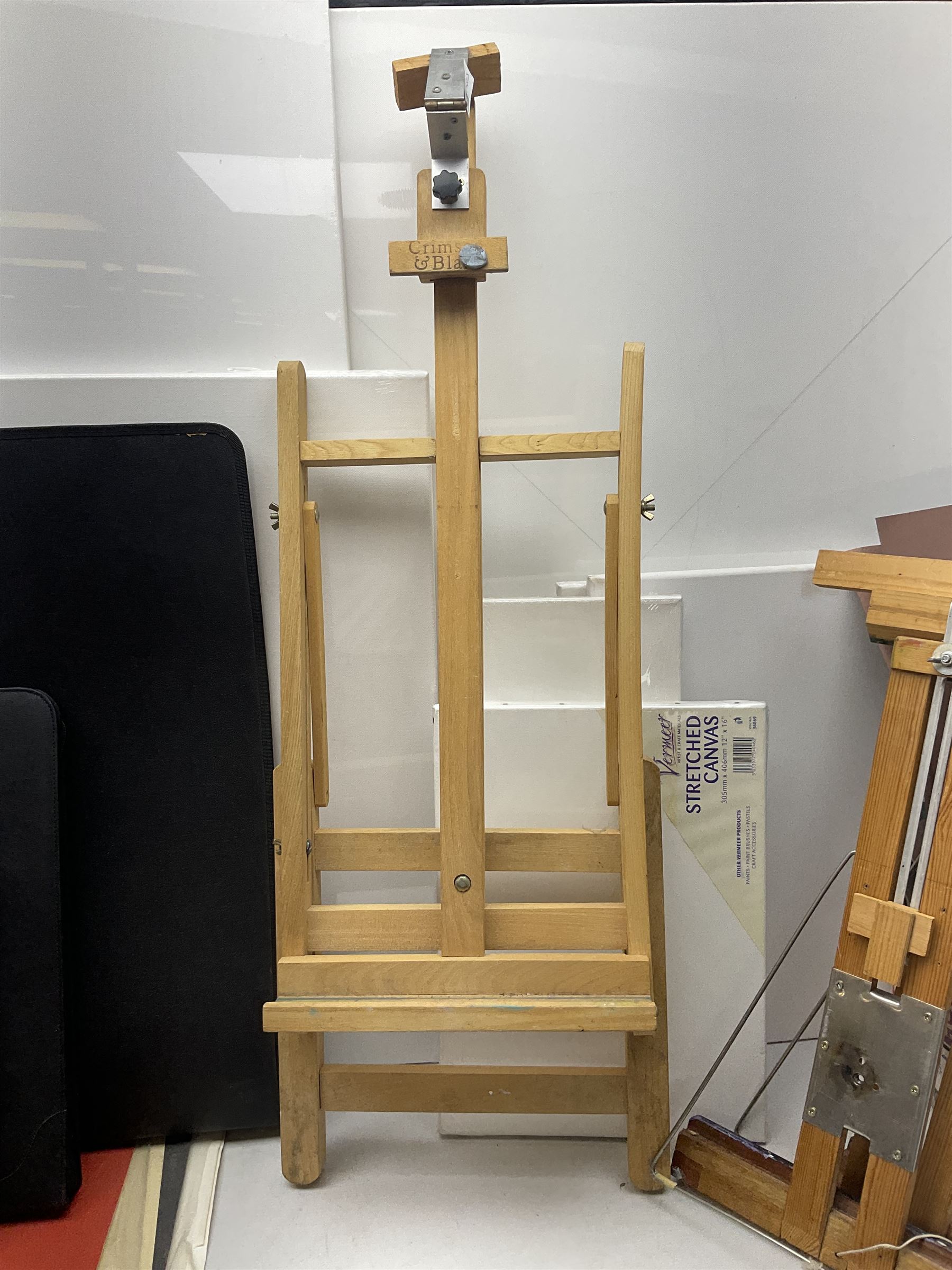 Large quantity of art supplies and equipment to include Crimson & Blake easel, tabletop easel, two large Winsor & Newton canvases and further smaller canvanses, sketchpads, paints etc