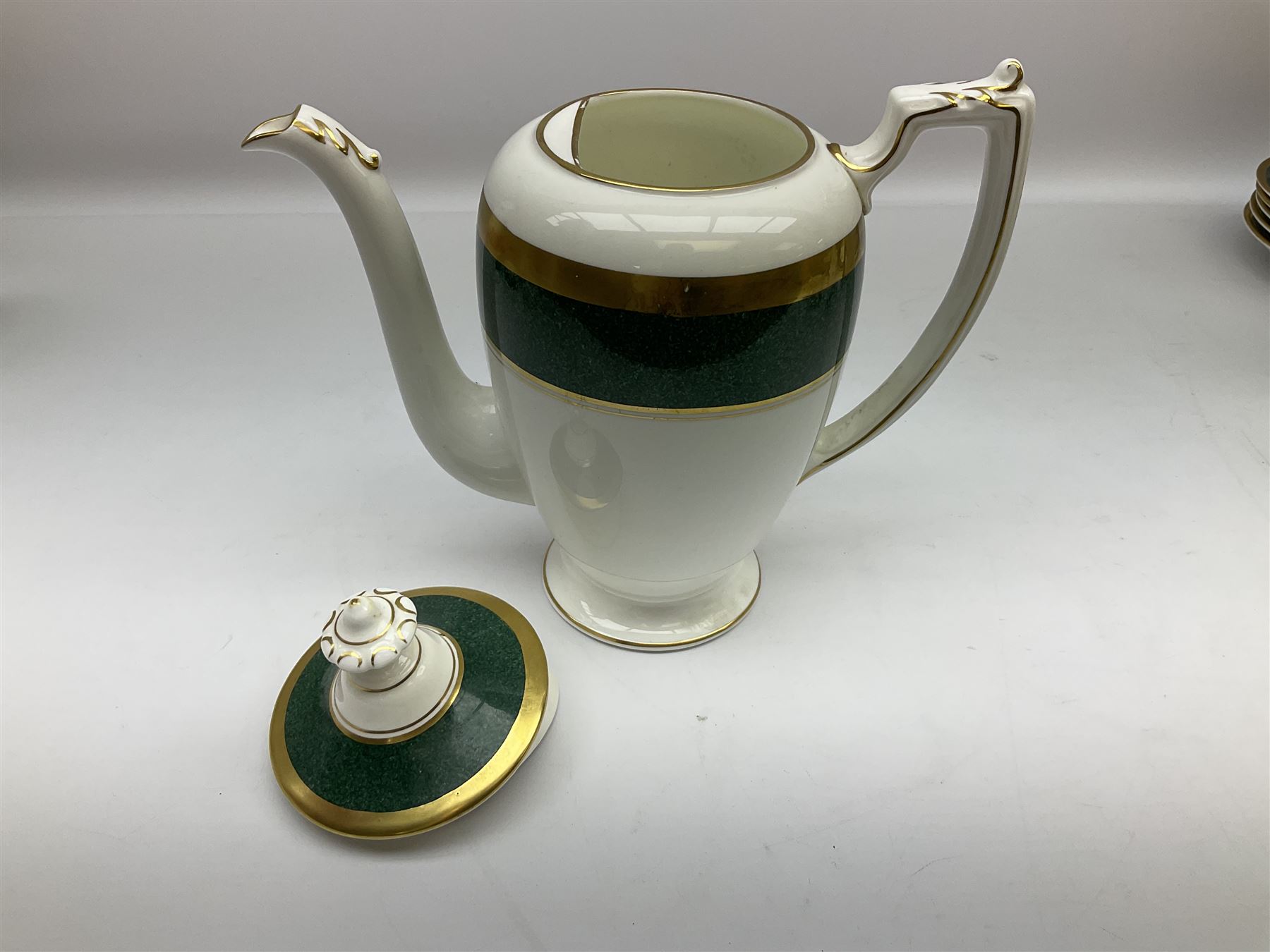 Coalport Athlone Green pattern tea wares, comprising coffee pot, seven coffee cans and saucers, milk jug, open sucrier, six tea cups and saucers, and six twin handled cups and saucers (42) 