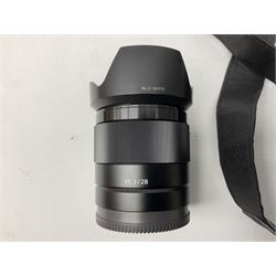 Sony Alpha 7R ILCE-7R camera serial number 3985636, with a 'Carl Zeiss Sonnar FE 1.8/55 ZA' lens, 'FE 28mm F2' lens, Sony Handycam Cyber-Shot HVL-F43M, all with original boxes, together with a Manfrotto camera bag  