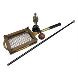 Walking cane, tennis racket, cricket ball (signed) and knight novelty cigarette lighter 