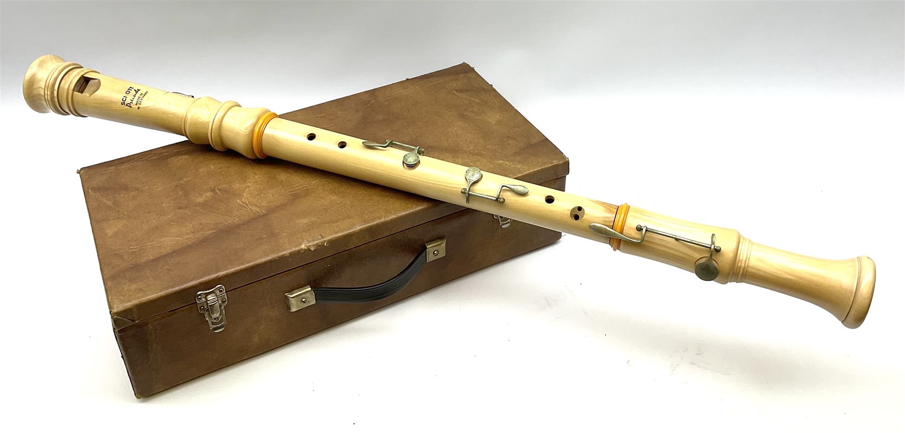 Schott Prelude fourpiece bass recorder with nickel crook and mounts