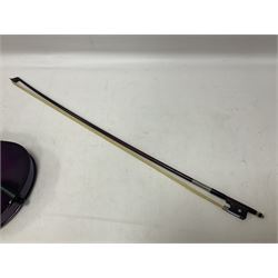 Intermusic 3/4 violin with a violet coloured solid wood body, ebonised fingerboard and fittings, bow and hard case, length 54cm