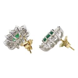 Pair of yellow and white gold oval emerald and round brilliant cut diamond cluster stud earrings, hallmarked 9ct, total emerald weight approx 3.40 carat, total weight approx 2.00 carat
