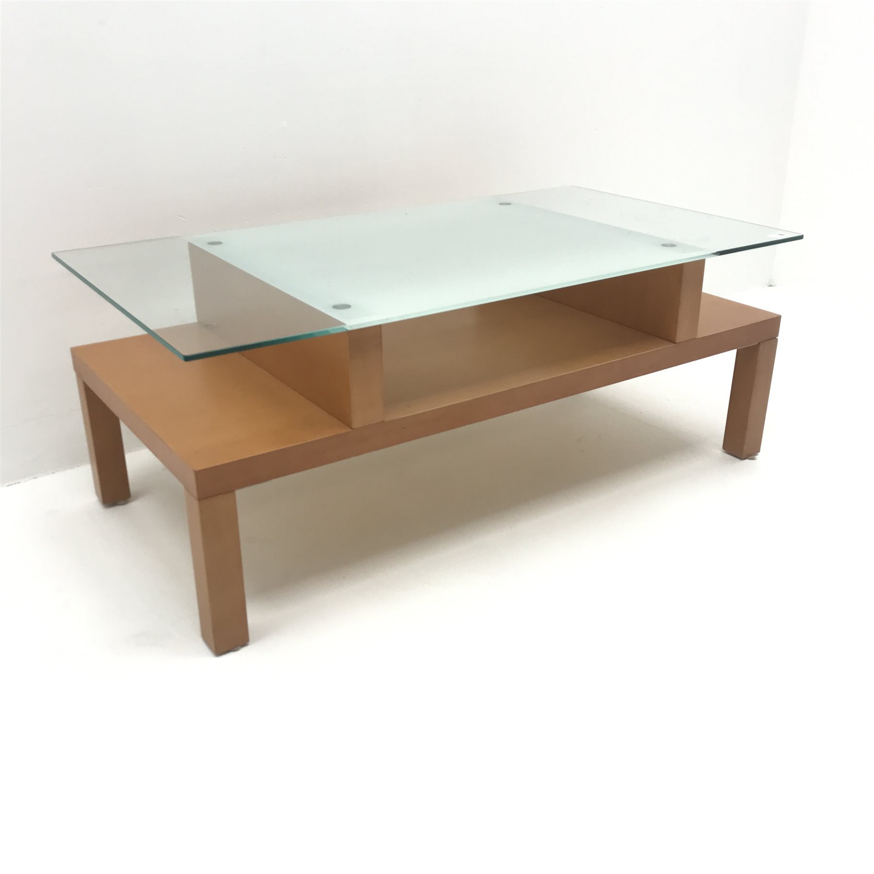 Glass top coffee table with cherry undertier on square supports, W111cm, H43cm, D60cm