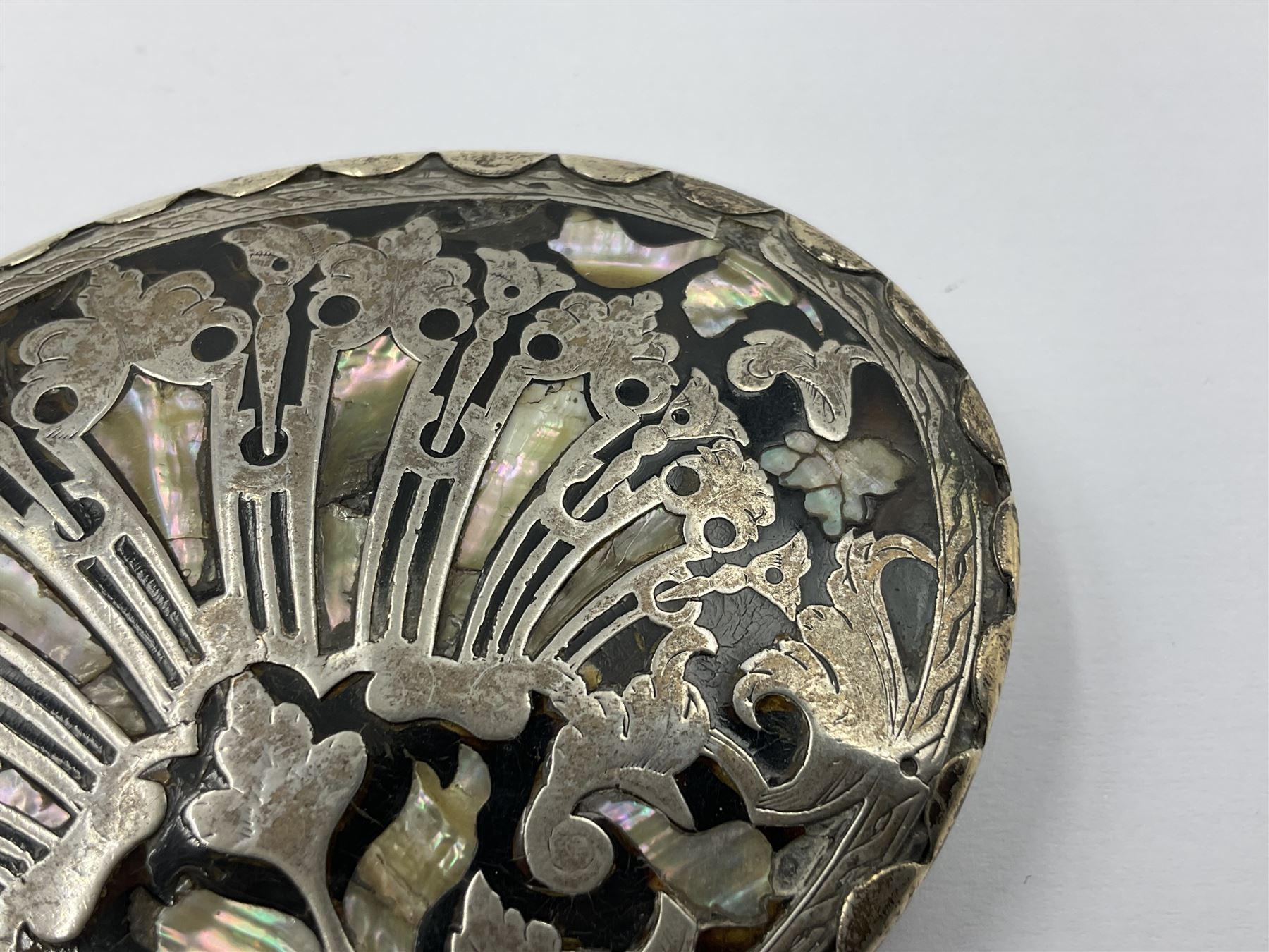 18th century silver plated oval snuff box with tortoiseshell lid inlaid with silver and mother of pearl 