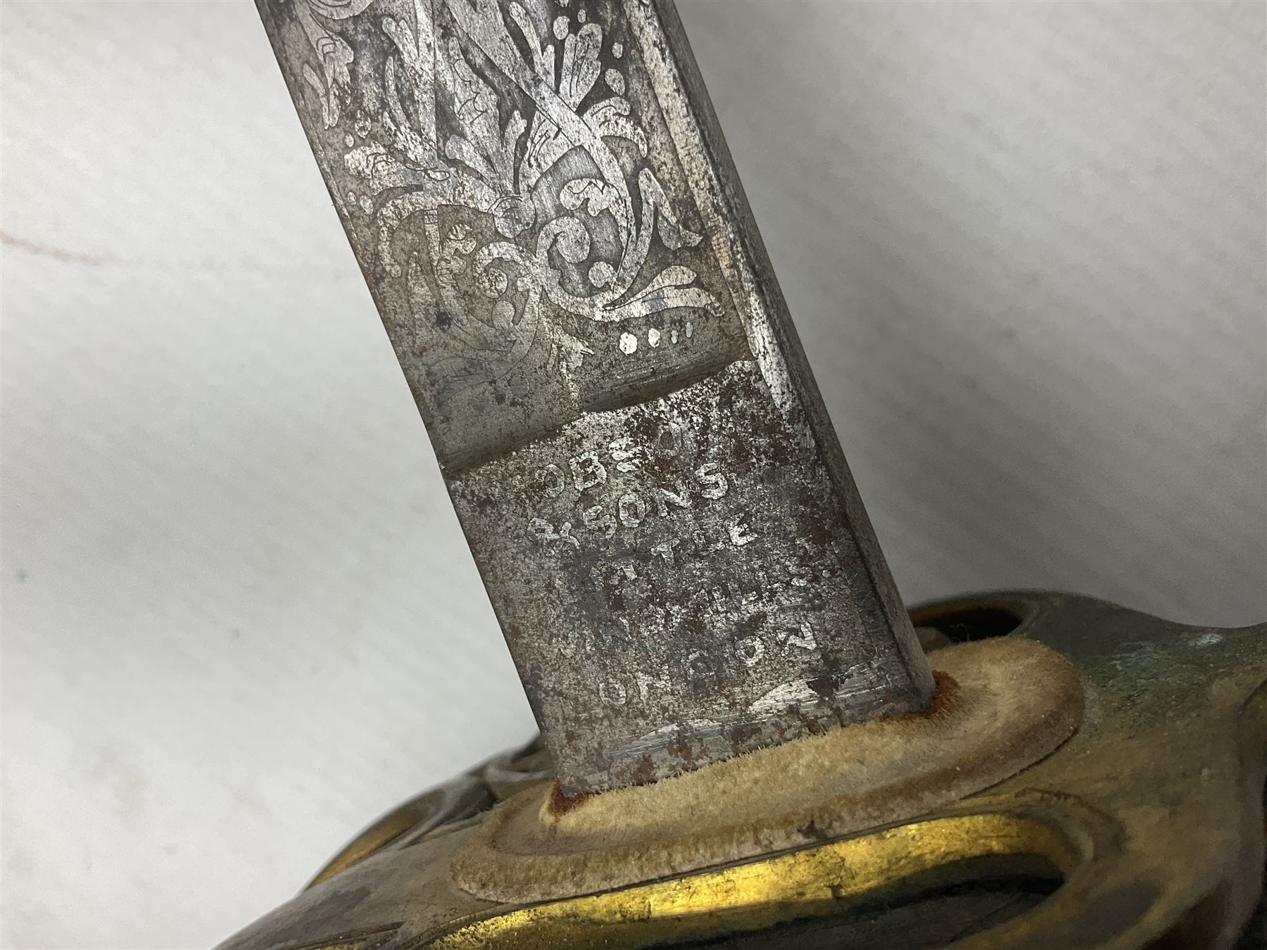 Victorian British Army officer's sword by Hobson & Sons Little Windmill Street London, the 82cm fullered steel blade etched with crowned Victoria cypher and 'HM 1st West York R.V.', lined gilded brass three-bar hilt incorporating Victoria cypher and wire-bound fish skin grip with plaited knot; in steel scabbard with two hanging rings L99cm overall