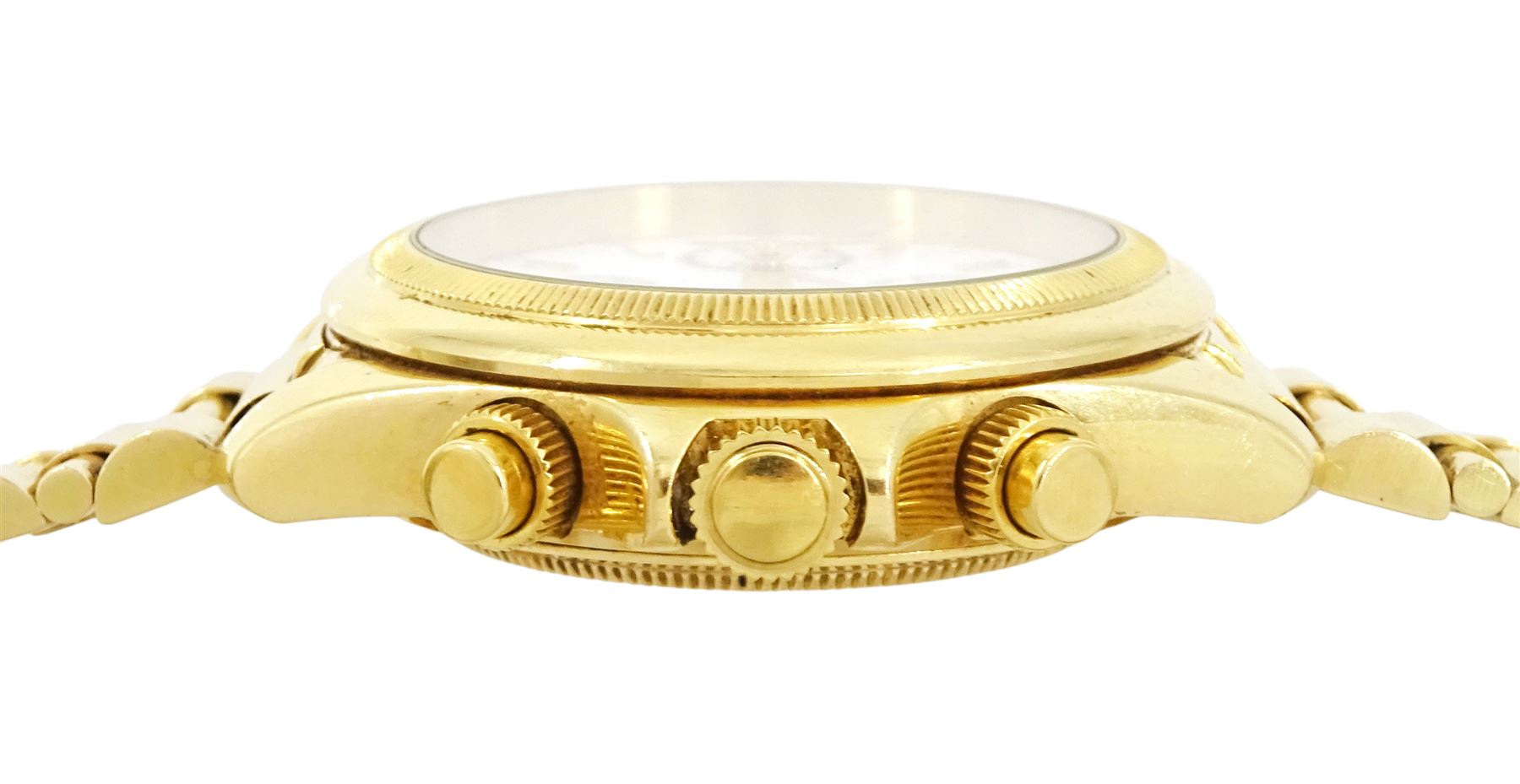 Jaguar gentleman's 18ct gold automatic chronograph wristwatch, white dial with mother of pearl subsidiary seconds dials, day-date aperture and baton hour markers, on 18ct gold bracelet, Swiss hallmarks