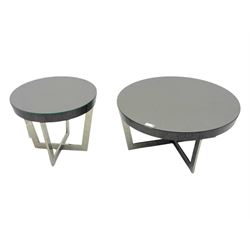 Napoli retailed by Sofology Coffee table (Diameter 90cm, Height 40cm) and matching Lamp table (Diameter 60cm, Height 50cm) both on a chrome cross frame base with glass tops 