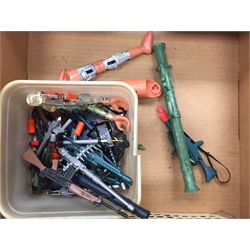  Collection of toy figures including vintage action man figure with eagle eyes, action man clothing and accessories and other similar non action man figures and accessories in two boxes  