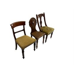 19th century oak hall chair, shield back with carved c-scrolls, raised on turned supports with two further antique mahogany chairs (3)