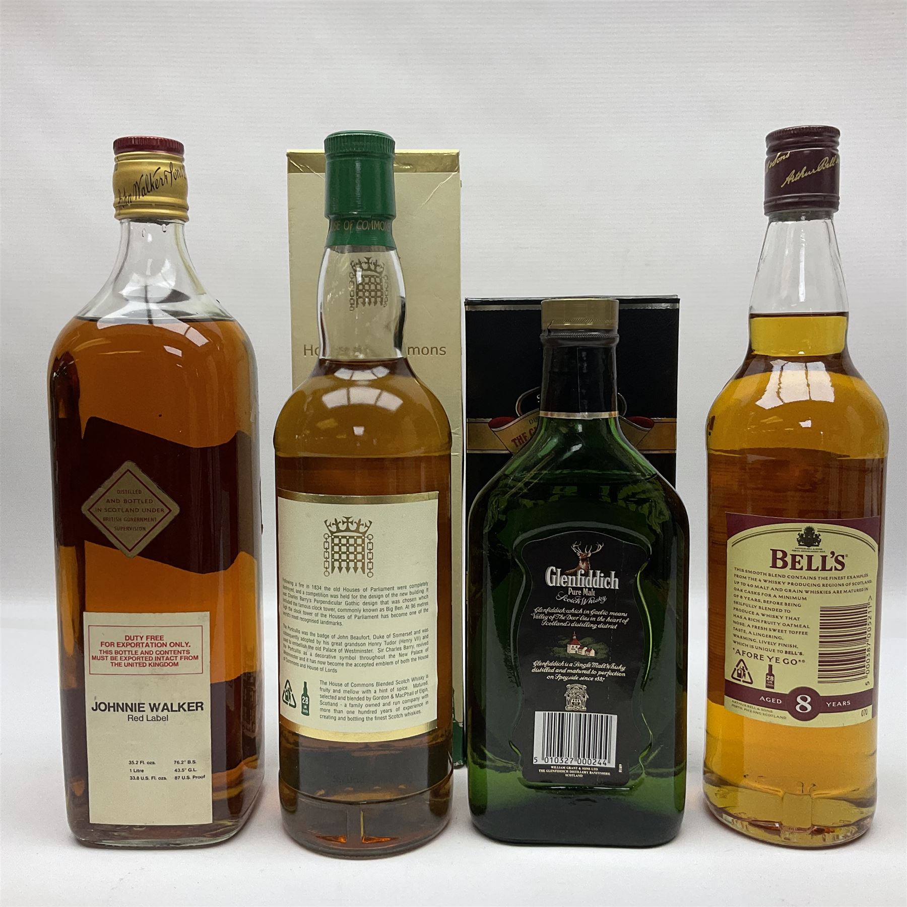 Glenfiddich Special Reserve single malt Scotch whisky, Bells, 8 years old blended Scotch whisky, House of Commons blended Scotch whisky and Jonnie Walker Red Label blended Scotch whisky, various contents and proof   