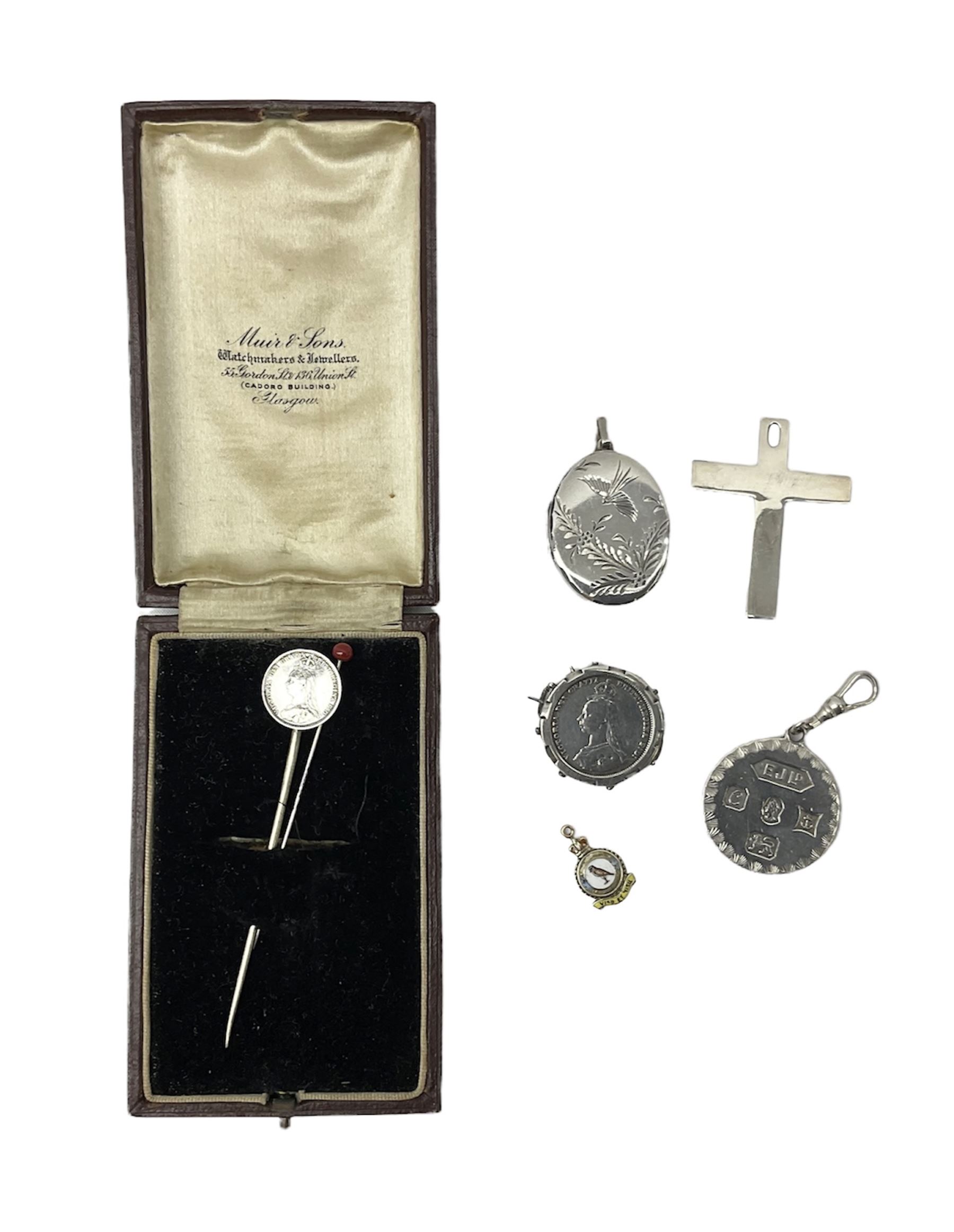 Modern silver locket, modern silver circular pendant, modern silver cross shaped pendant, small 9ct gold and enamel pendant, etc., approximate gross silver weight 40 grams, approximate gold weight 1.3 grams